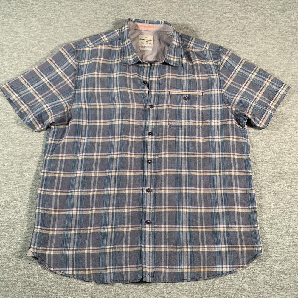 Tommy Bahama Shirt Mens XL‎ Blue Plaid Linen Tencel Button Up Island Modern Fit